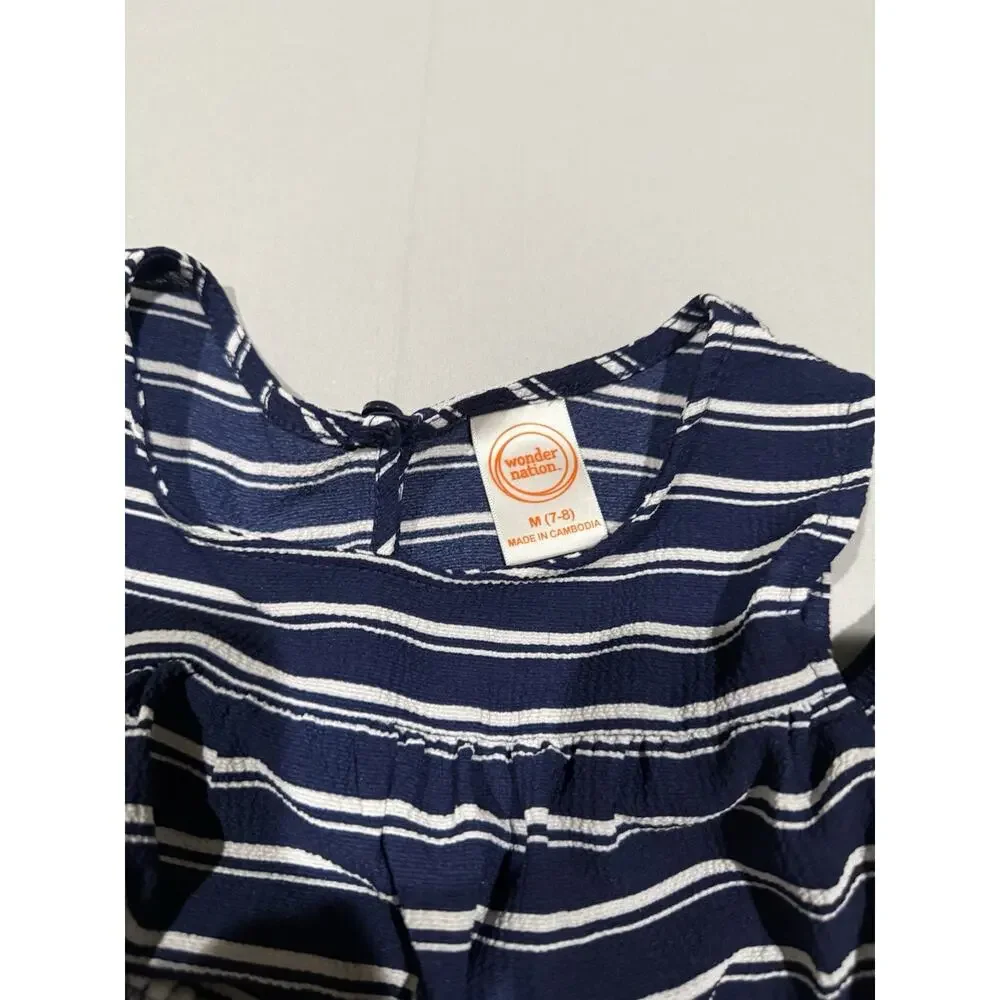 Wonder Nation Girls M (7-8) Blue White Striped Fit & Flare Ruffle Sleeve Dress